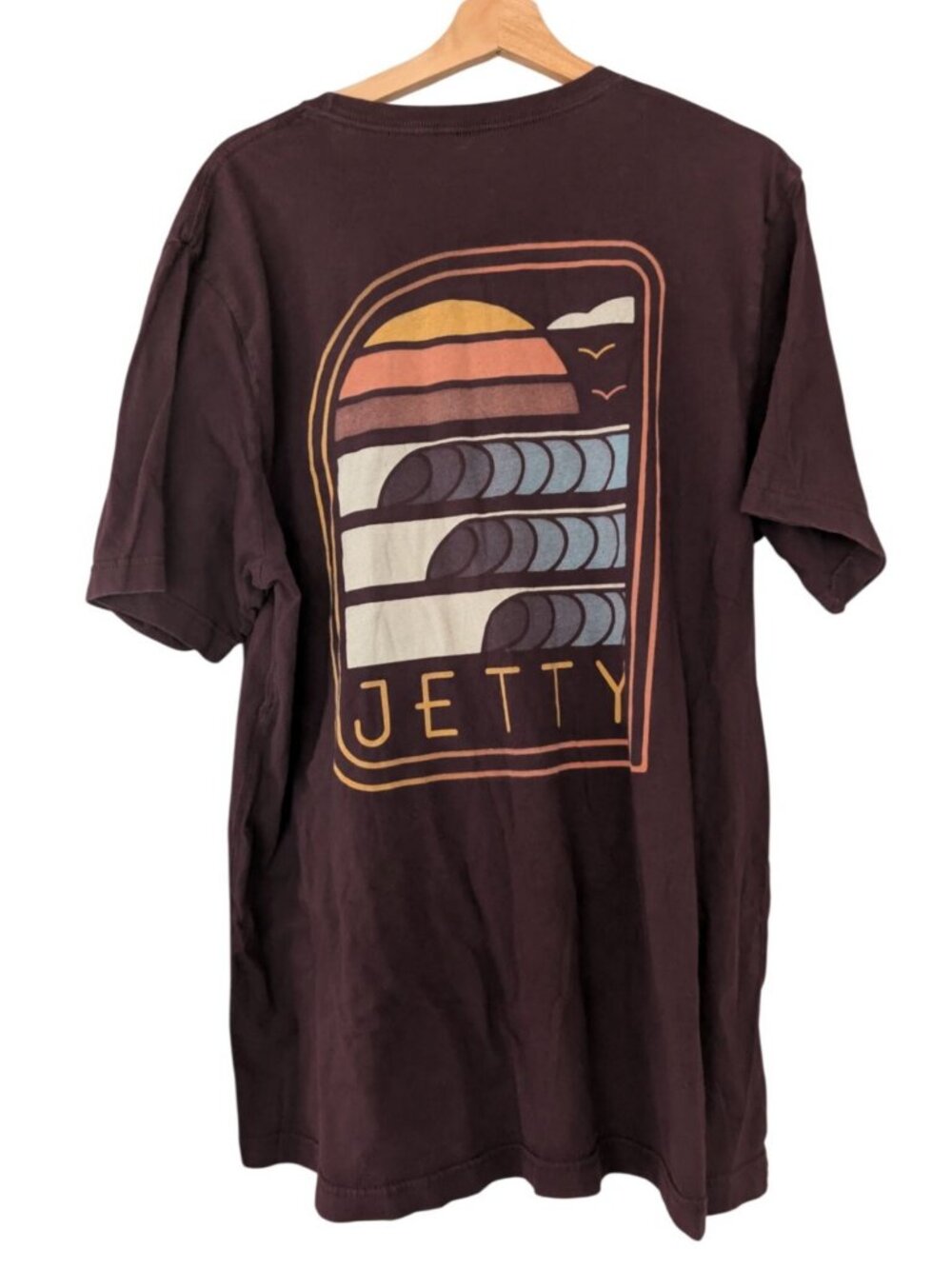 Jetty Surf T-Shirt Mens XXL Maroon Brown Sunset Wave Retro Graphic Surfcore Tee